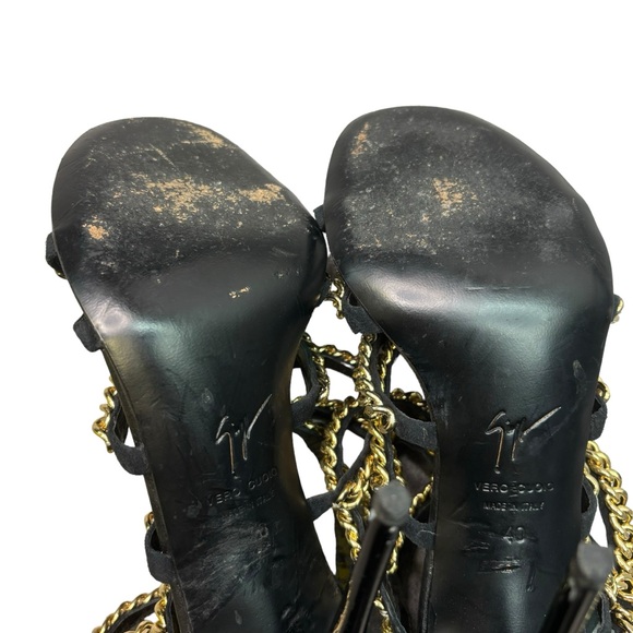 Guiseppe Zanotti Black Suede Gold Chain Gladiator Sandals Size 40 Open Toe Heels - Picture 8 of 13